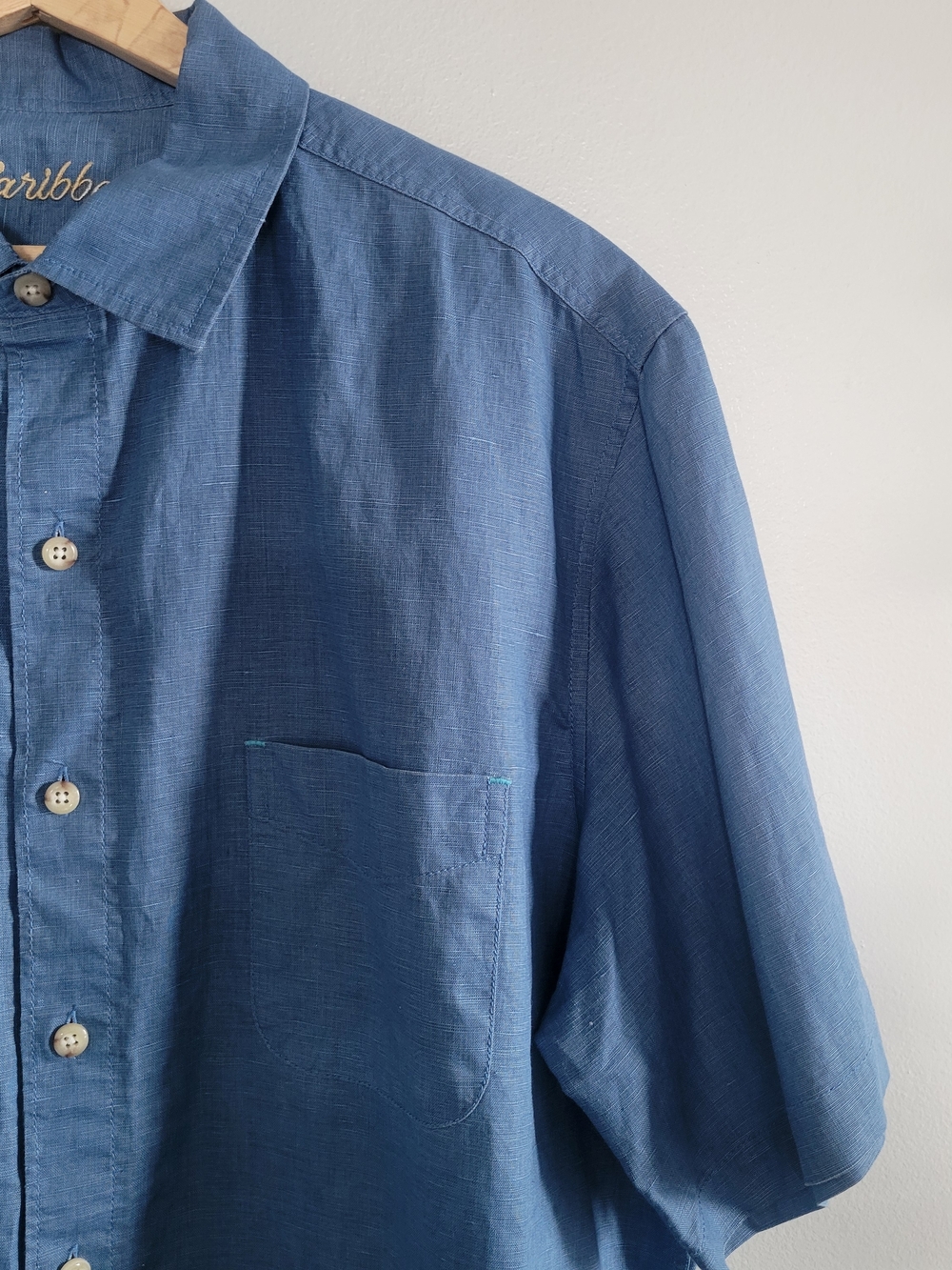 CARIBBEAN Linen Blend Short-Sleeve Button-Down Shirt Blue XL Resortwear - Picture 3 of 9